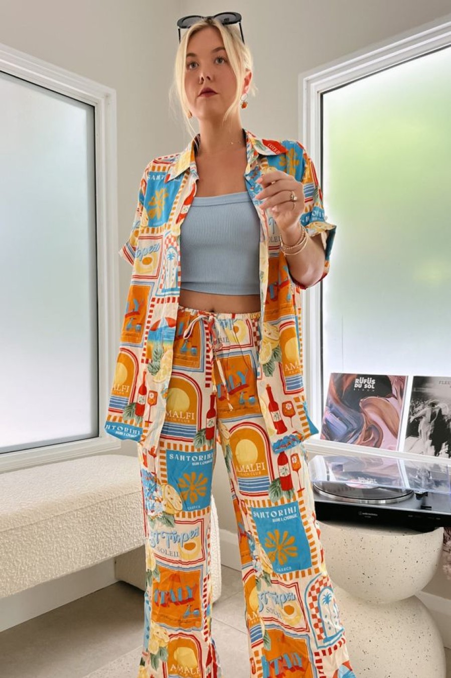 Bottoms jaase | Jaase - Cici Pants: Mid Rise Relaxed Wide Leg Pant In Sun Lounger Print