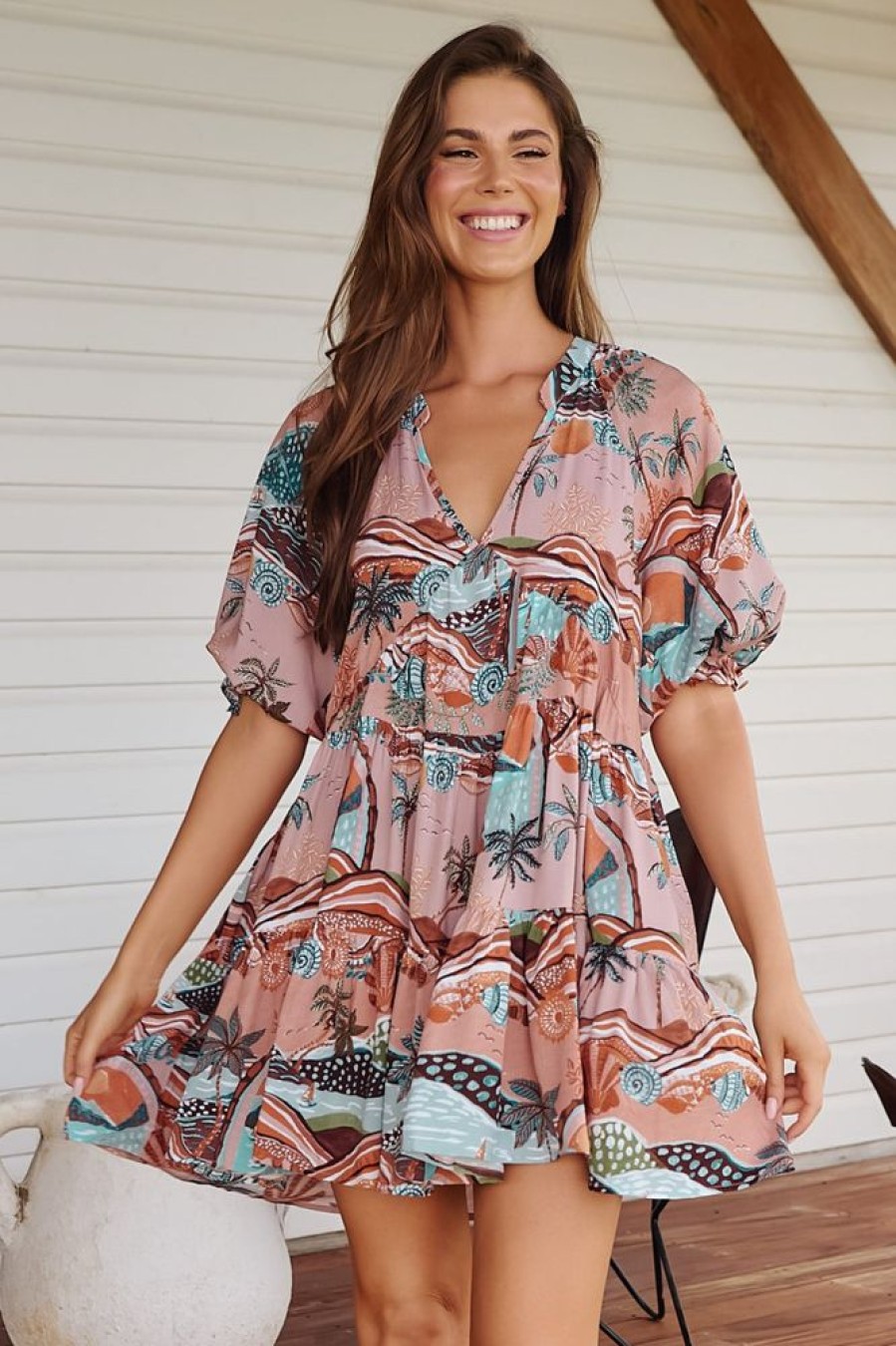 Dresses JAASE | Jaase - Petal Mini Dress: Tiered Smock Dress In Lakeside Serenity Print
