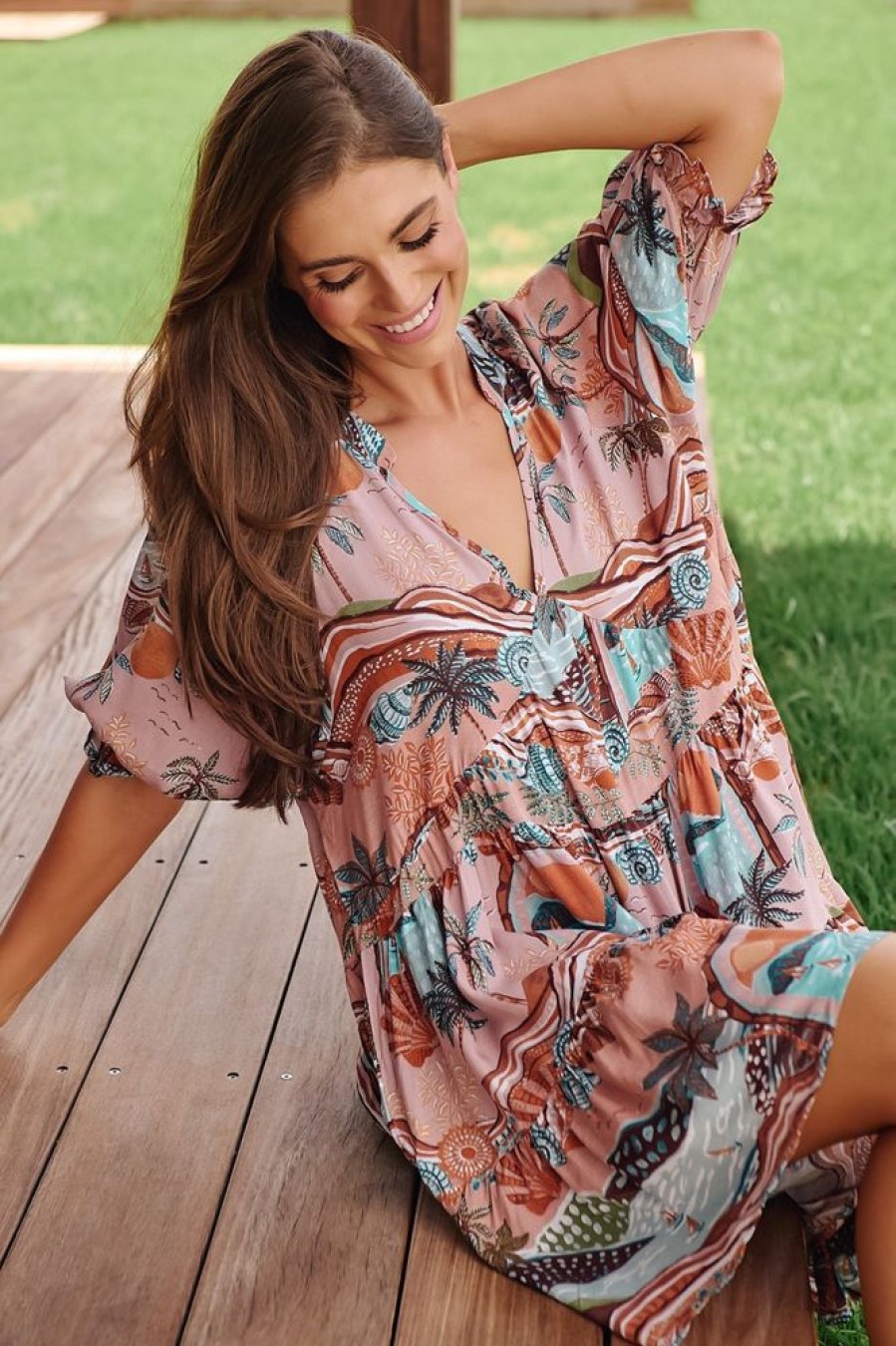 Dresses JAASE | Jaase - Petal Mini Dress: Tiered Smock Dress In Lakeside Serenity Print