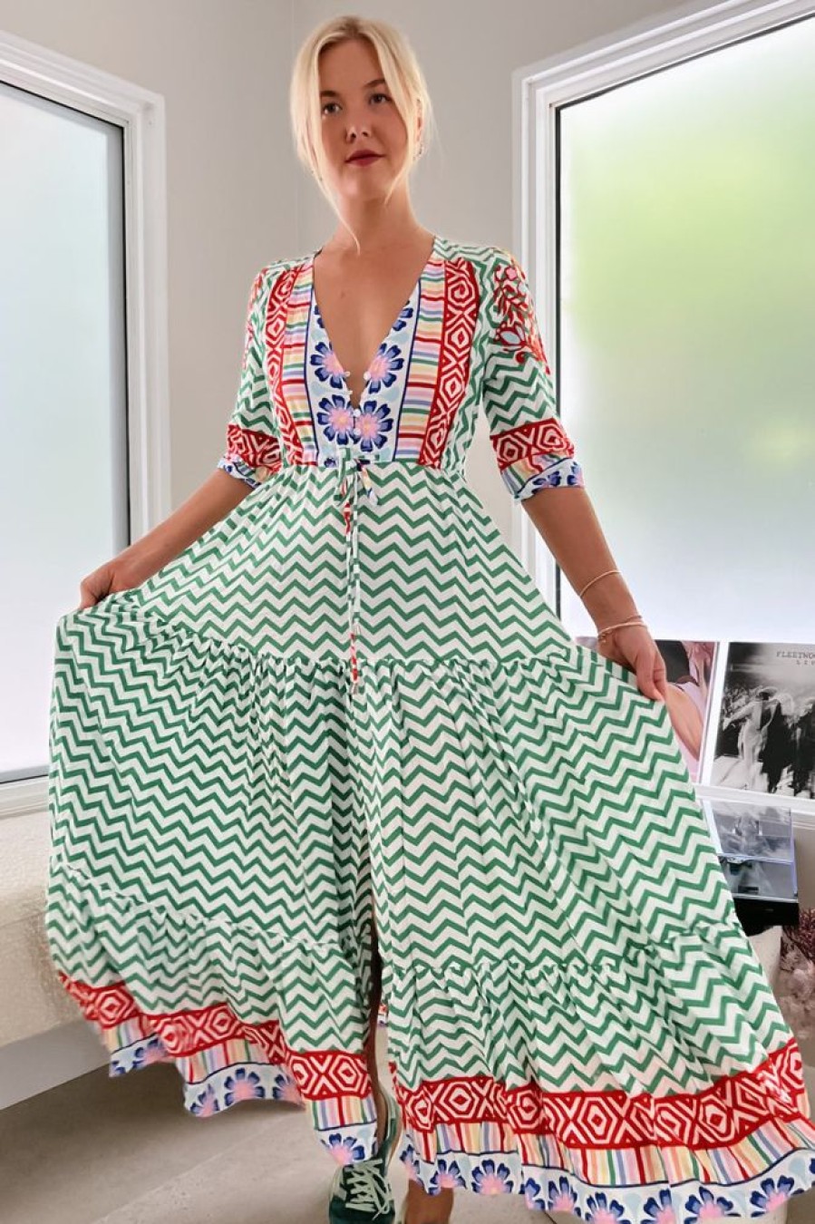 Dresses JAASE | Jaase - Tessa Maxi Dress: A Line Pull Tie Waist Dress In Ziggy Za Print