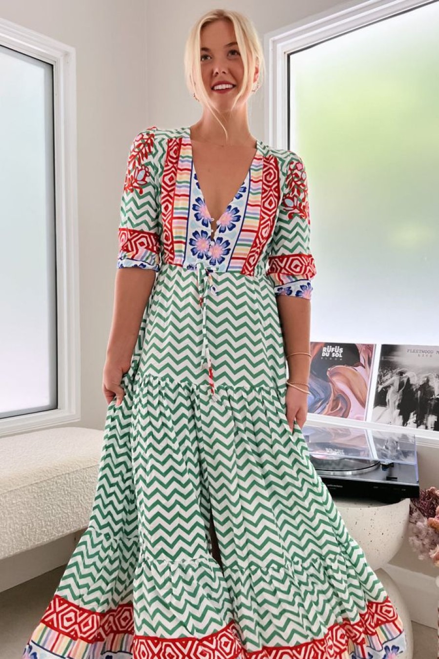 Dresses JAASE | Jaase - Tessa Maxi Dress: A Line Pull Tie Waist Dress In Ziggy Za Print