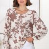 Tops Salty Crush | Fintra Top - Zipper Detail Long Sleeve Top In Brown Kacia Print