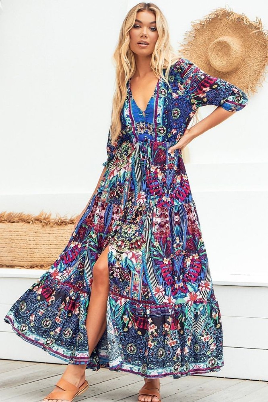 Dresses JAASE | Jaase - Tessa Maxi Dress: A Line Pull Tie Waist Dress In Rocco Print