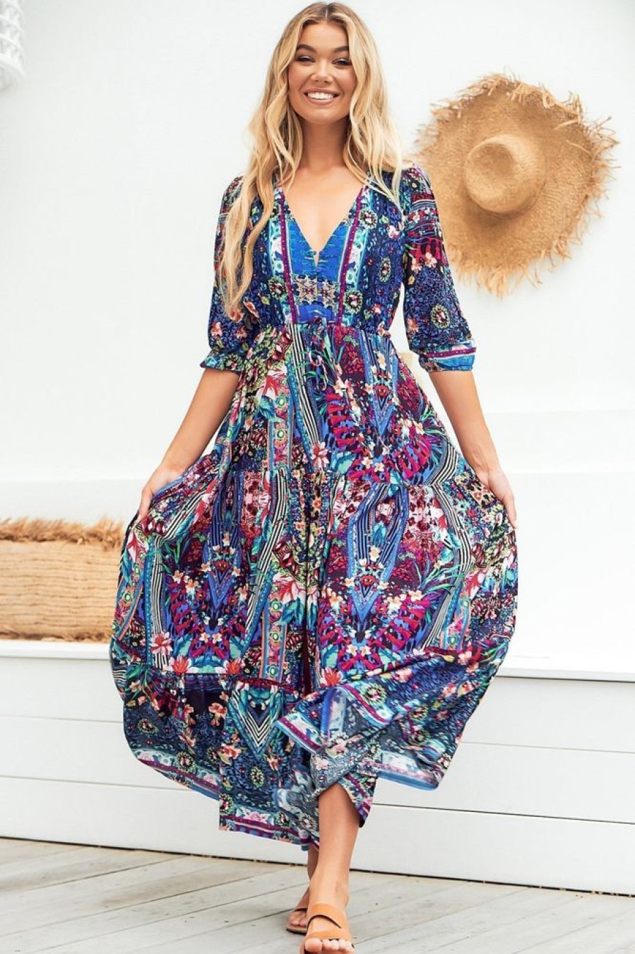 Dresses JAASE | Jaase - Tessa Maxi Dress: A Line Pull Tie Waist Dress In Rocco Print