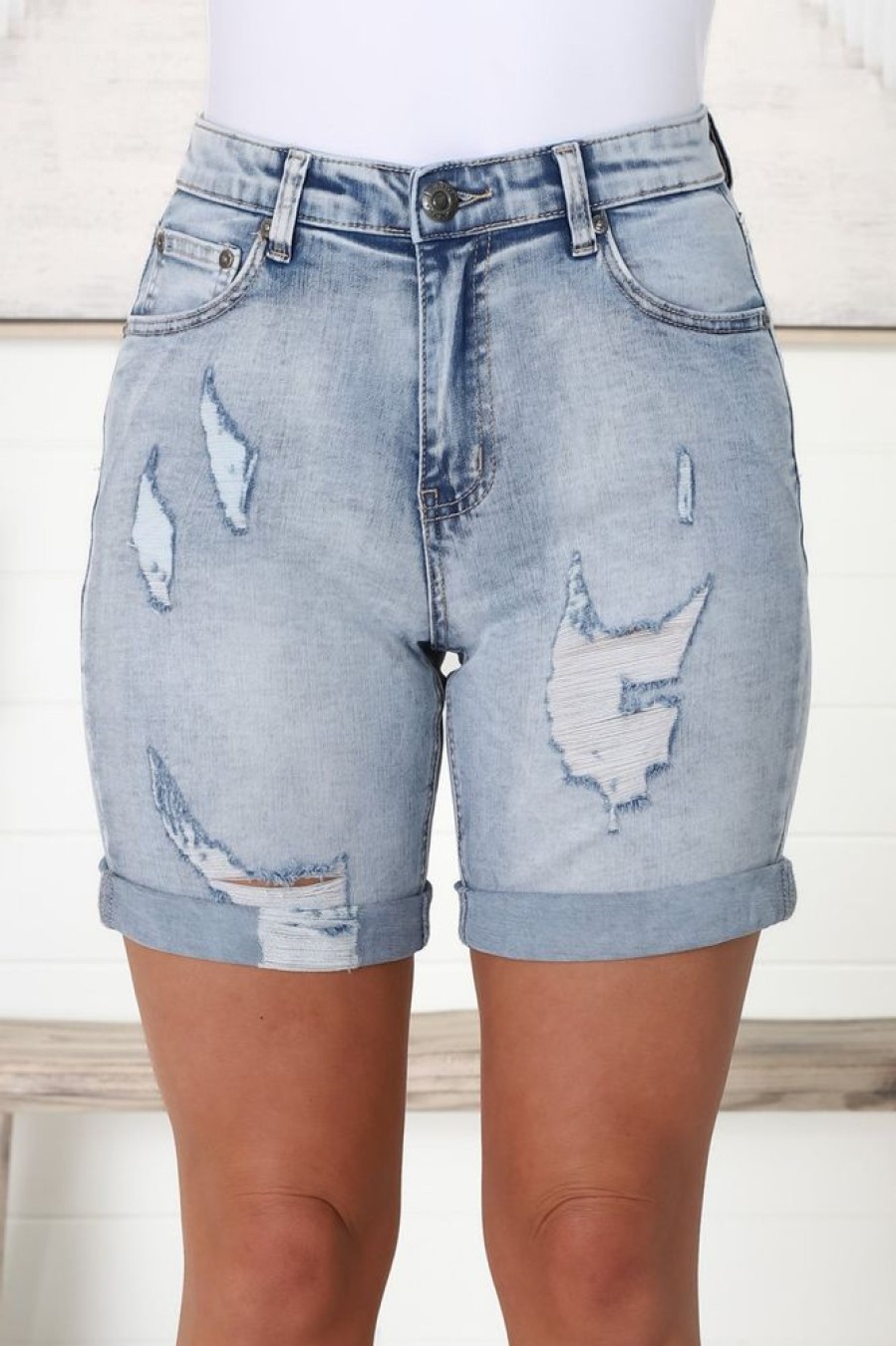 Bottoms Salty Crush | Georgia Long Denim Shorts - Mid Wash Denim