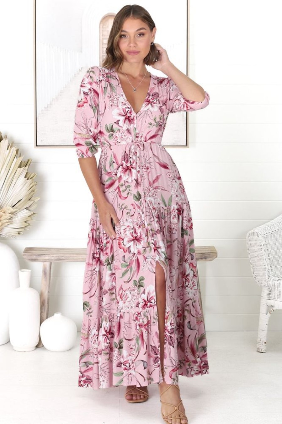 Jaase JAASE | Jaase - Tessa Maxi Dress: A Line Pull Tie Waist Dress In Pink Lotus Print