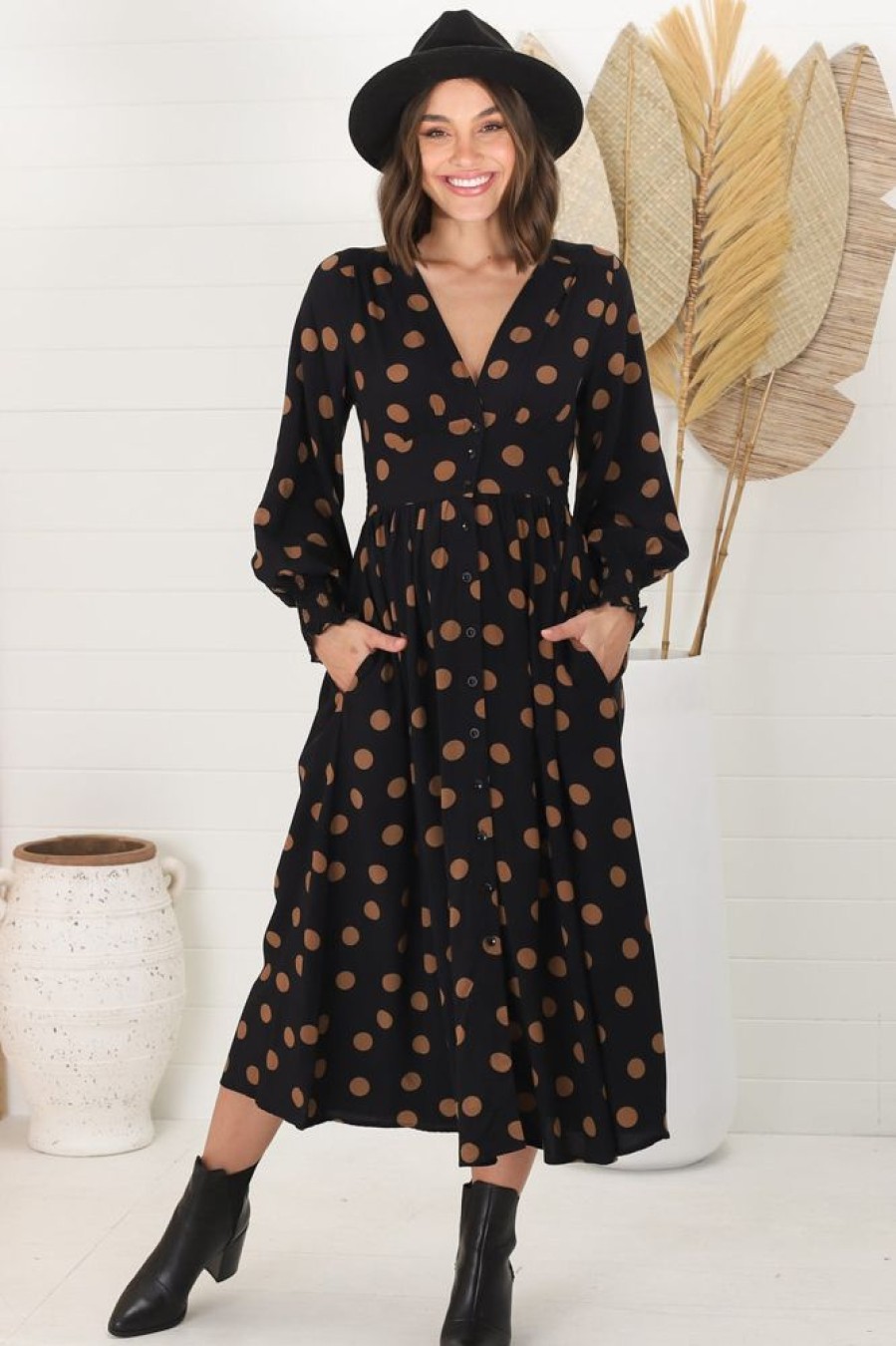 Dresses Salty Crush | Jolie Midi Dress - V Neck Buttoned Down Long Sleeve Dress In Mahony Print