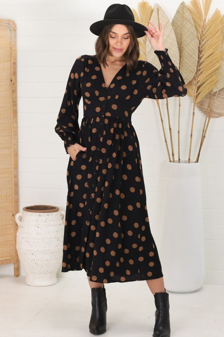 Dresses Salty Crush | Jolie Midi Dress - V Neck Buttoned Down Long Sleeve Dress In Mahony Print