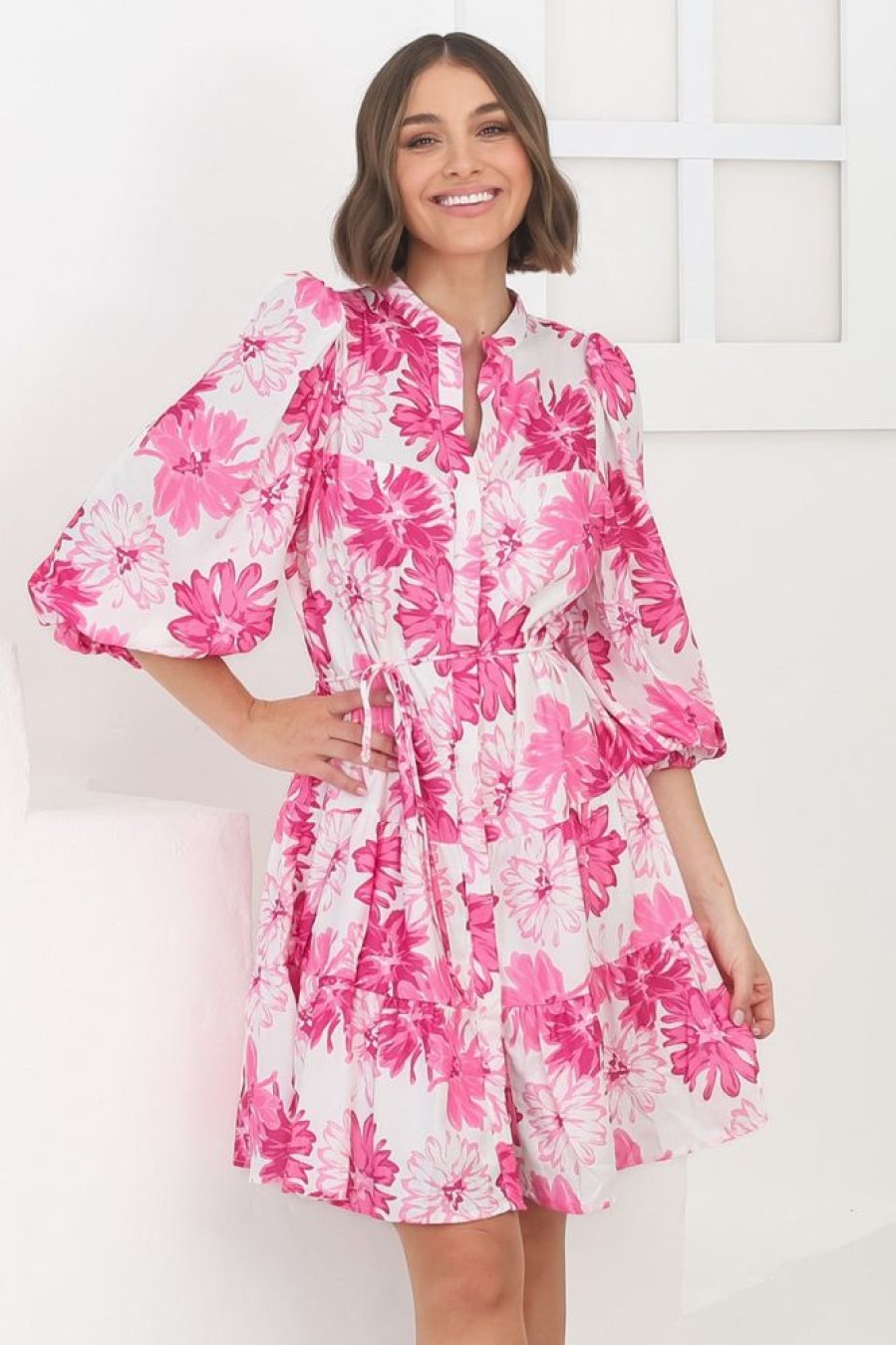Dresses Salty Crush | Cadell Mini Dress: Mandarin Collar Buttoned Down Dress Aria Print In Pink