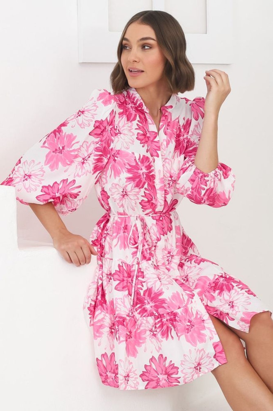 Dresses Salty Crush | Cadell Mini Dress: Mandarin Collar Buttoned Down Dress Aria Print In Pink