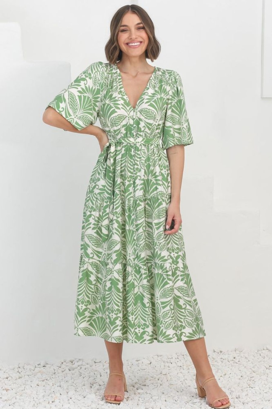 Dresses Salty Crush | Cait Midi Dress - A Line Dress With Bell Sleeves In Harriette Green