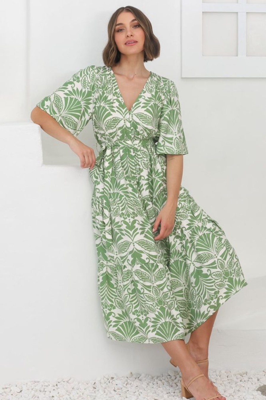 Dresses Salty Crush | Cait Midi Dress - A Line Dress With Bell Sleeves In Harriette Green