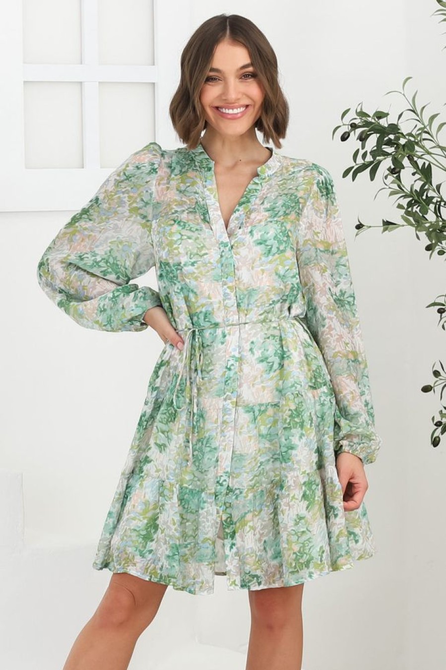 Dresses Salty Crush | Cadell Mini Dress: Mandarin Collar Buttoned Down Dress Odette Print