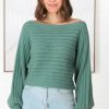 Tops Salty Crush | Celina Knit Top - Open Knit Stitch Boat Neckline Top In Sage