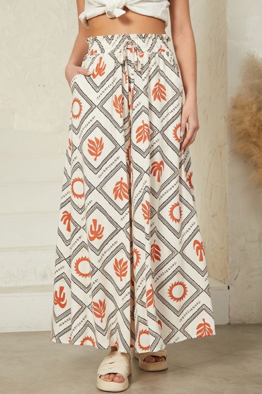 Bottoms Salty Crush | Mezza Pants - Paper Bag High Waisted Wide Leg Pant In Tuscan Sun