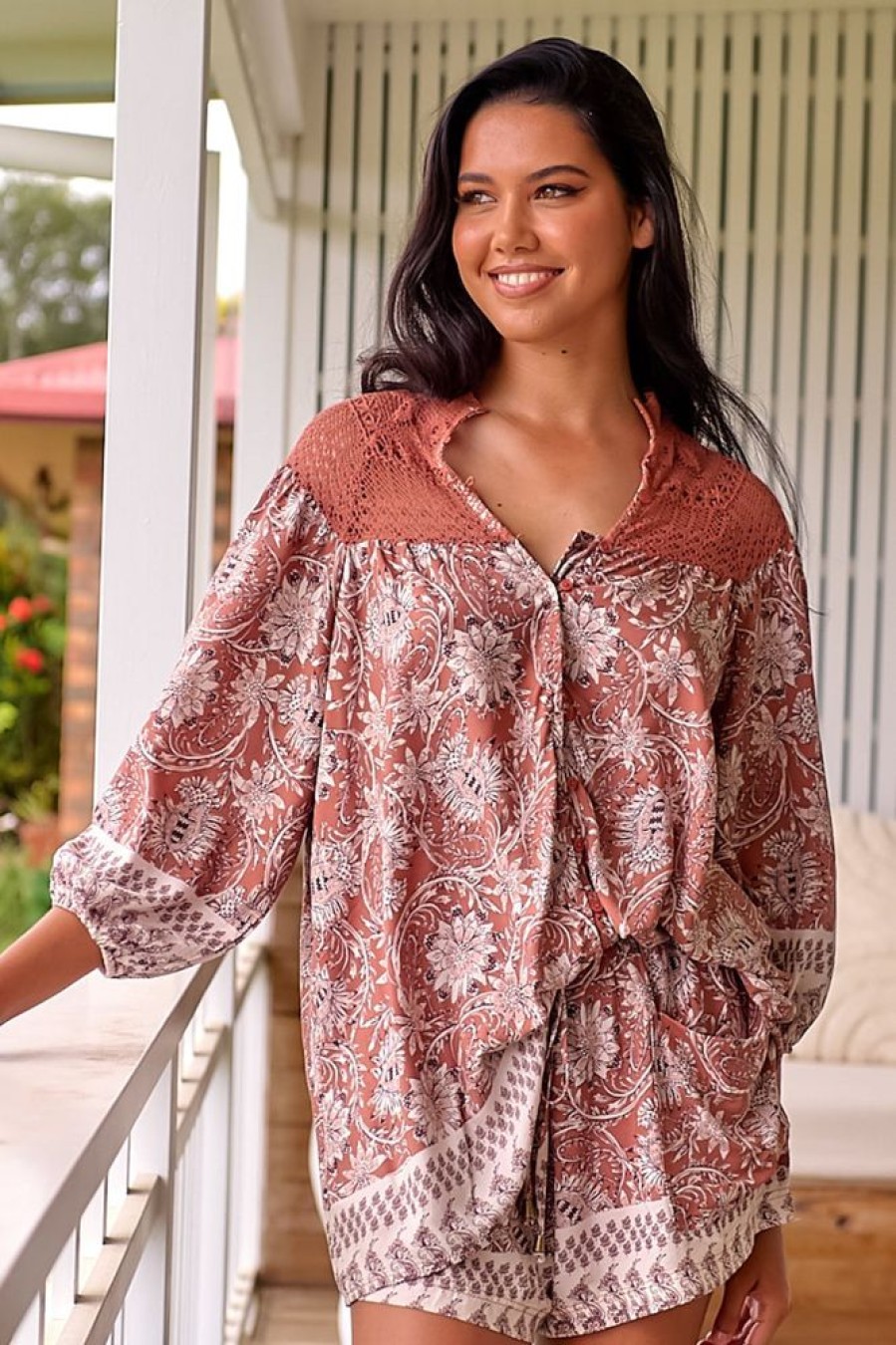 Jaase JAASE | Jaase - Florence Blouse: Lace Shoulders Button Down Blouse In Indah Print