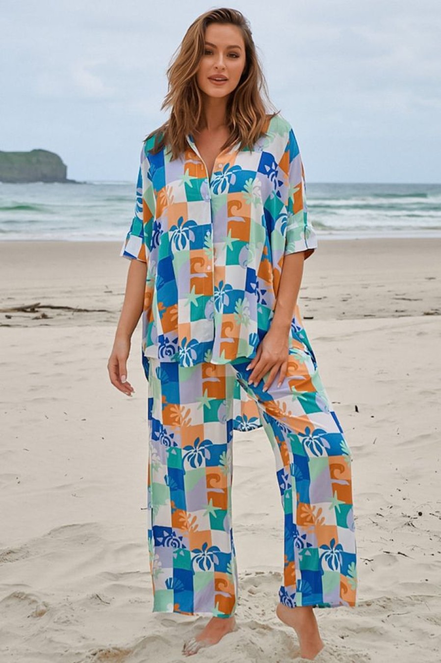 Bottoms jaase | Jaase - Cici Pants: Mid Rise Relaxed Wide Leg Pant In Tides Print