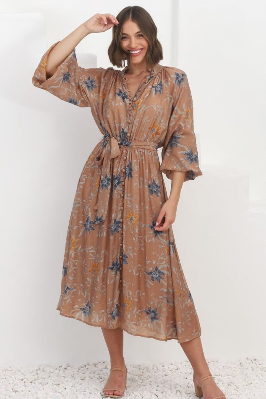 Dresses Salty Crush | Edda Midi Dress - Mandarin Collar Button Down Dress In Freda Print Terracotta