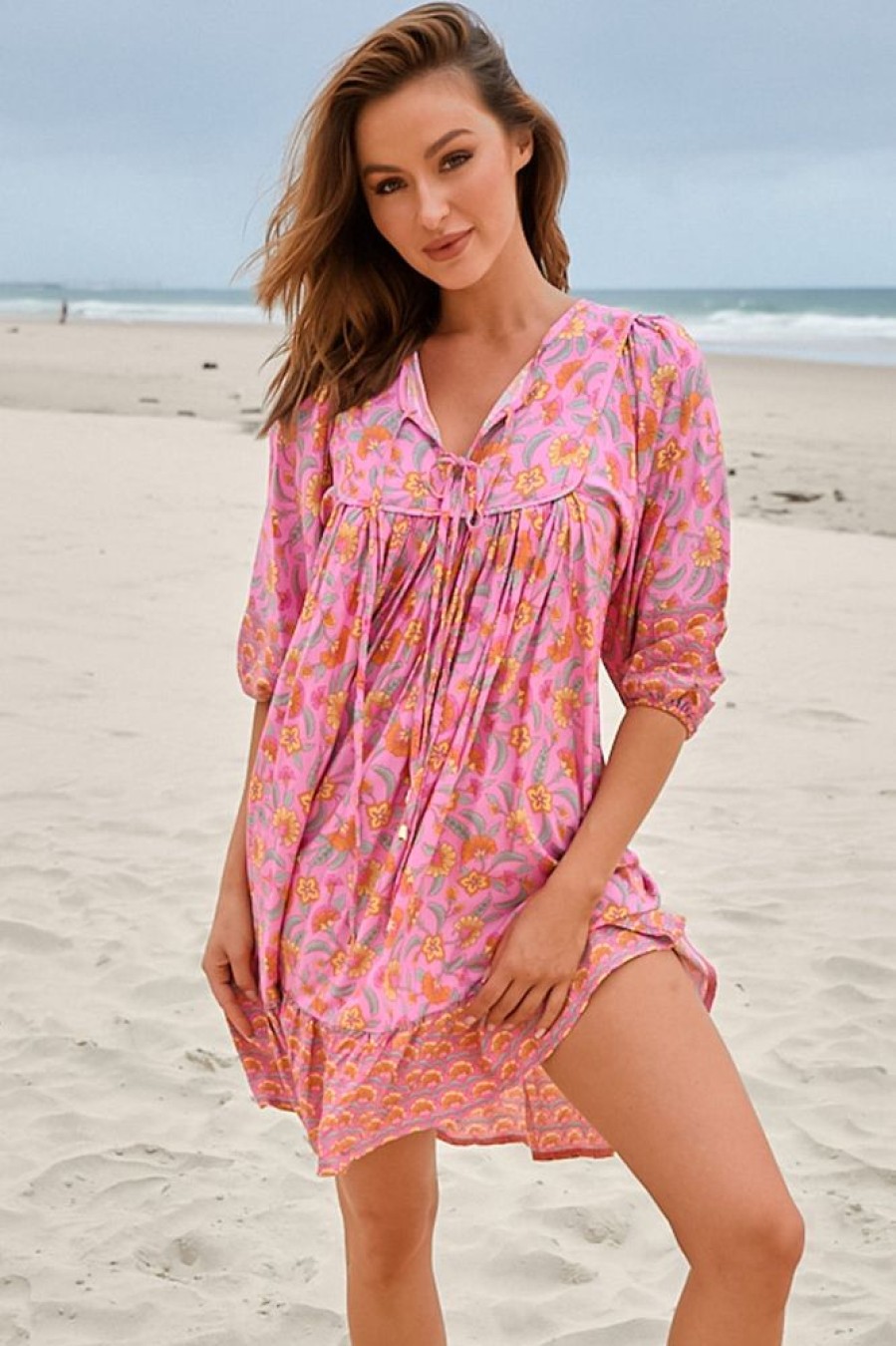 Dresses JAASE | Jaase - French Mini Dress: Yoke Neckline Dress With Matching Belt In Rosewater Print