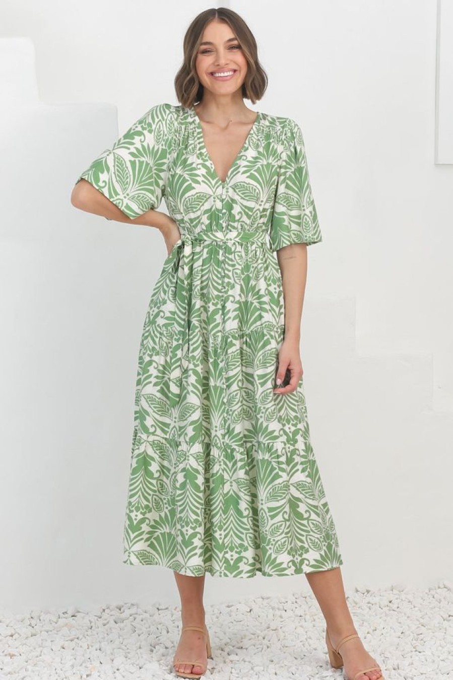 Dresses Salty Crush | Cait Midi Dress - A Line Dress With Bell Sleeves In Harriette Green