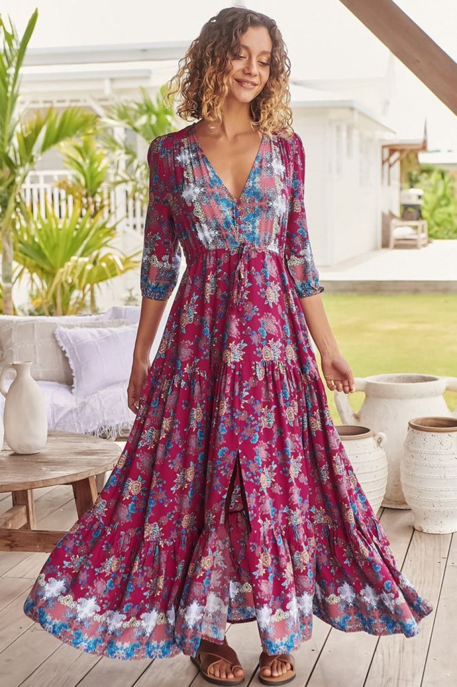 Dresses JAASE | Jaase - Tessa Maxi Dress: A Line Pull Tie Waist Dress In Strawberry Kiss Print