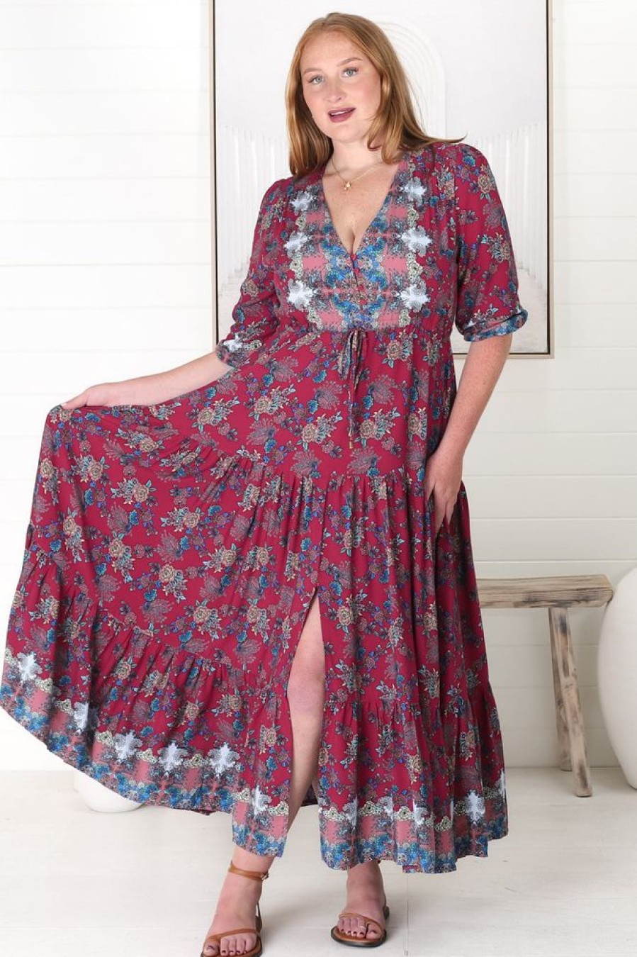 Dresses JAASE | Jaase - Tessa Maxi Dress: A Line Pull Tie Waist Dress In Strawberry Kiss Print