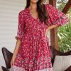 Jaase JAASE | Jaase - French Mini Dress: Yoke Neckline Dress With Matching Belt In Ruby Rouge Print