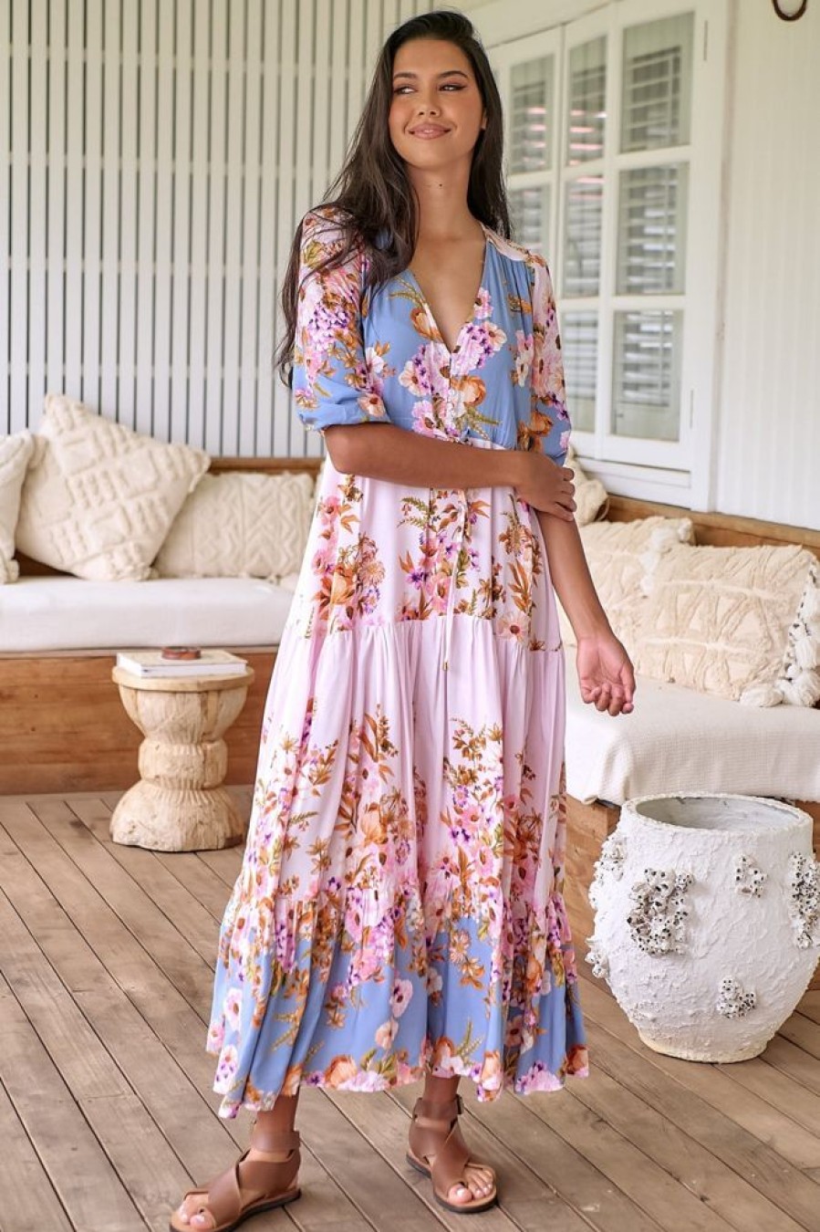 Dresses JAASE | Jaase - Tessa Maxi Dress: A Line Pull Tie Waist Dress In French Rose Print