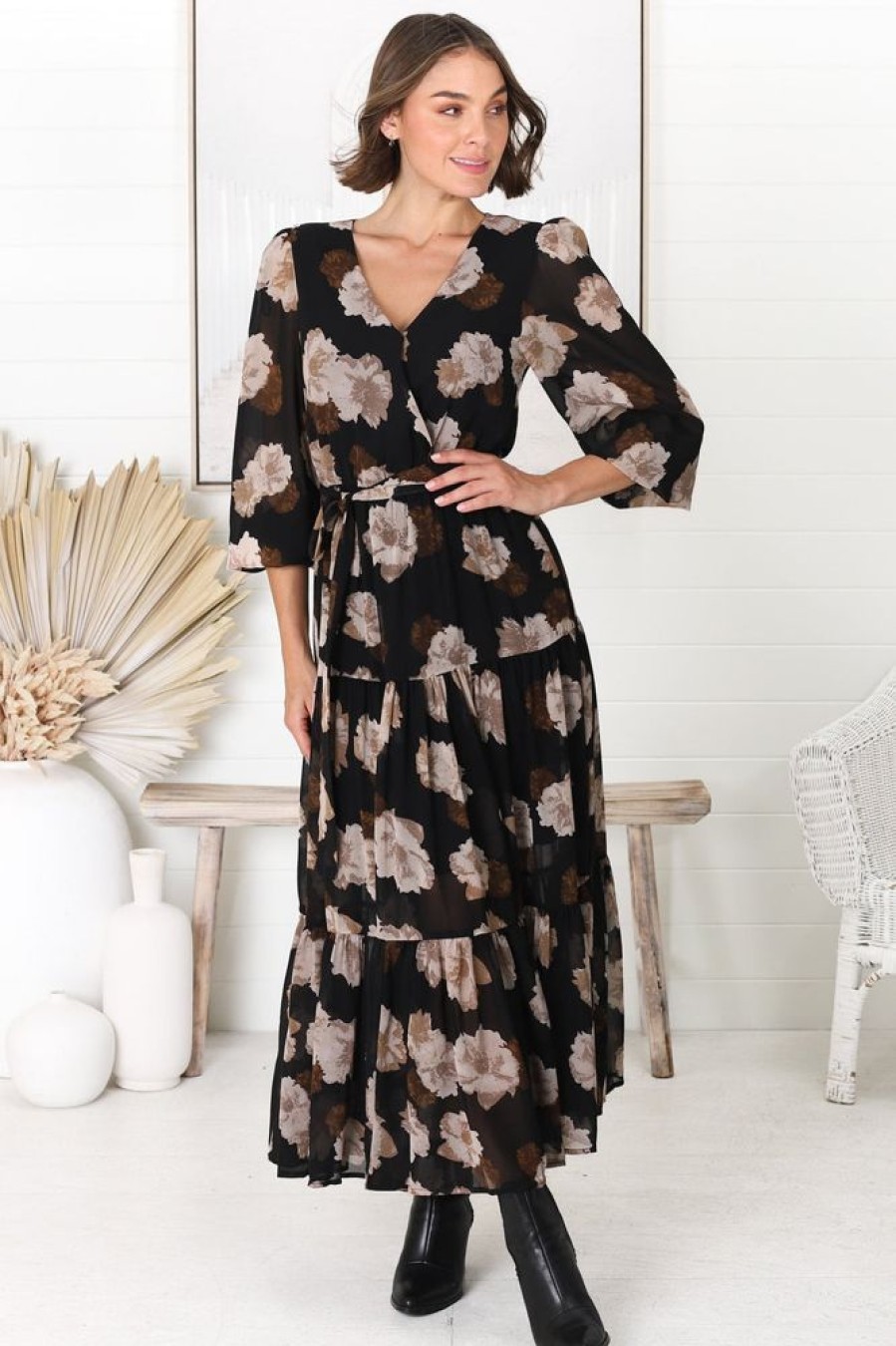 Dresses Salty Crush | Valina Maxi Dress - Cross Over V Neckline Tiered Dress In Vika Print Black