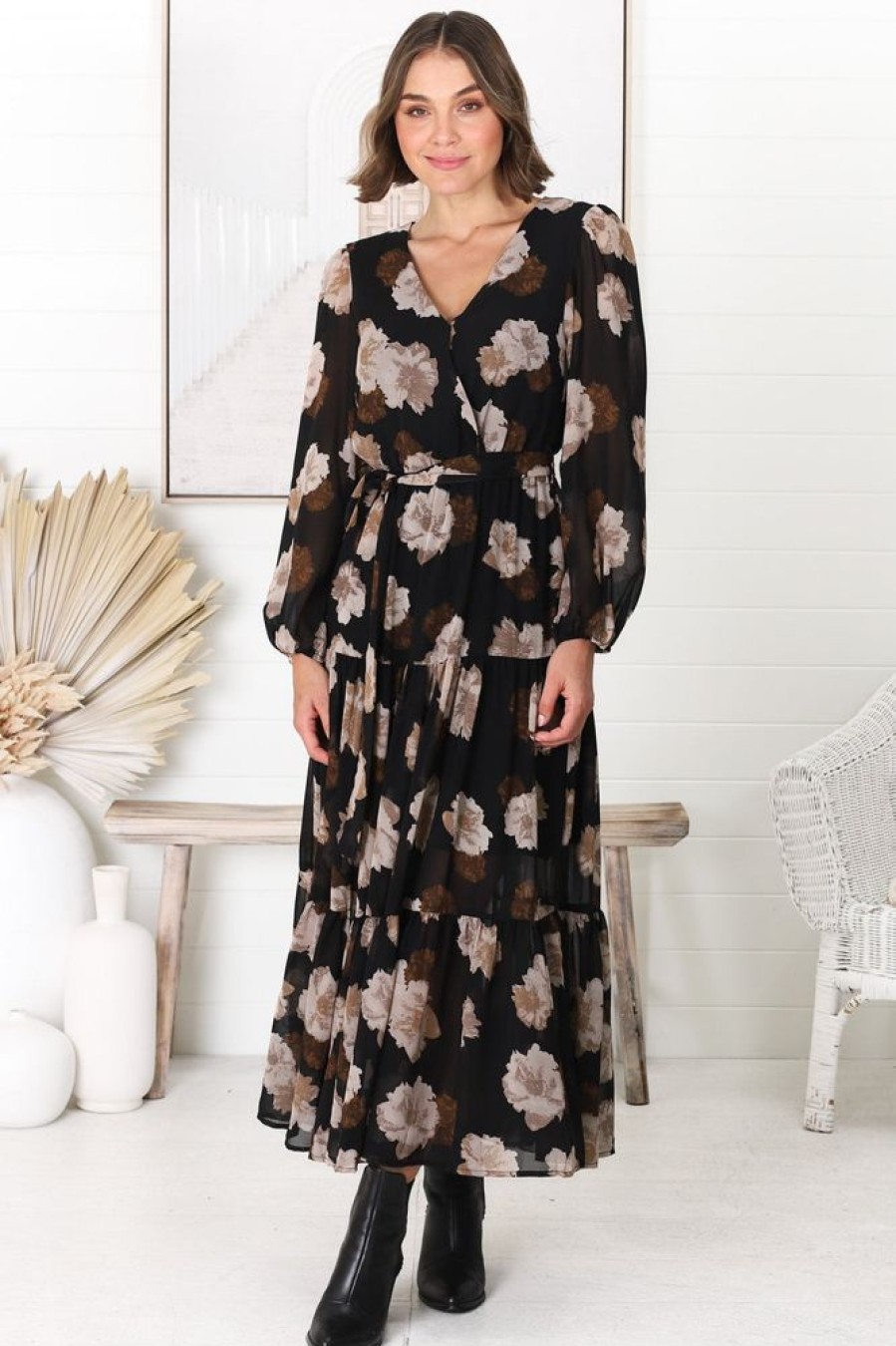 Dresses Salty Crush | Valina Maxi Dress - Cross Over V Neckline Tiered Dress In Vika Print Black