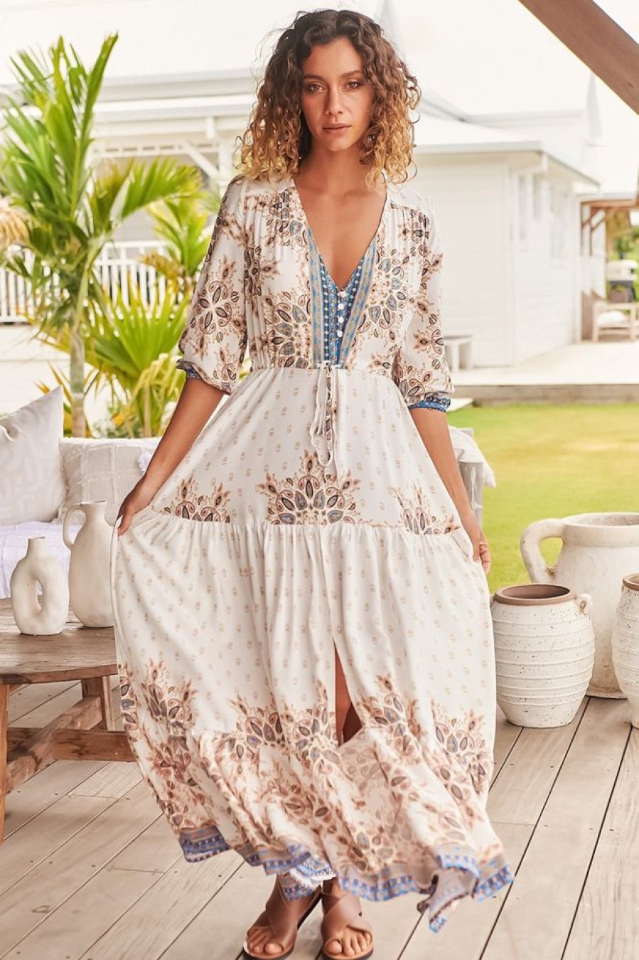 Dresses JAASE | Jaase - Tessa Maxi Dress: A Line Pull Tie Waist Dress In Gemstone Print