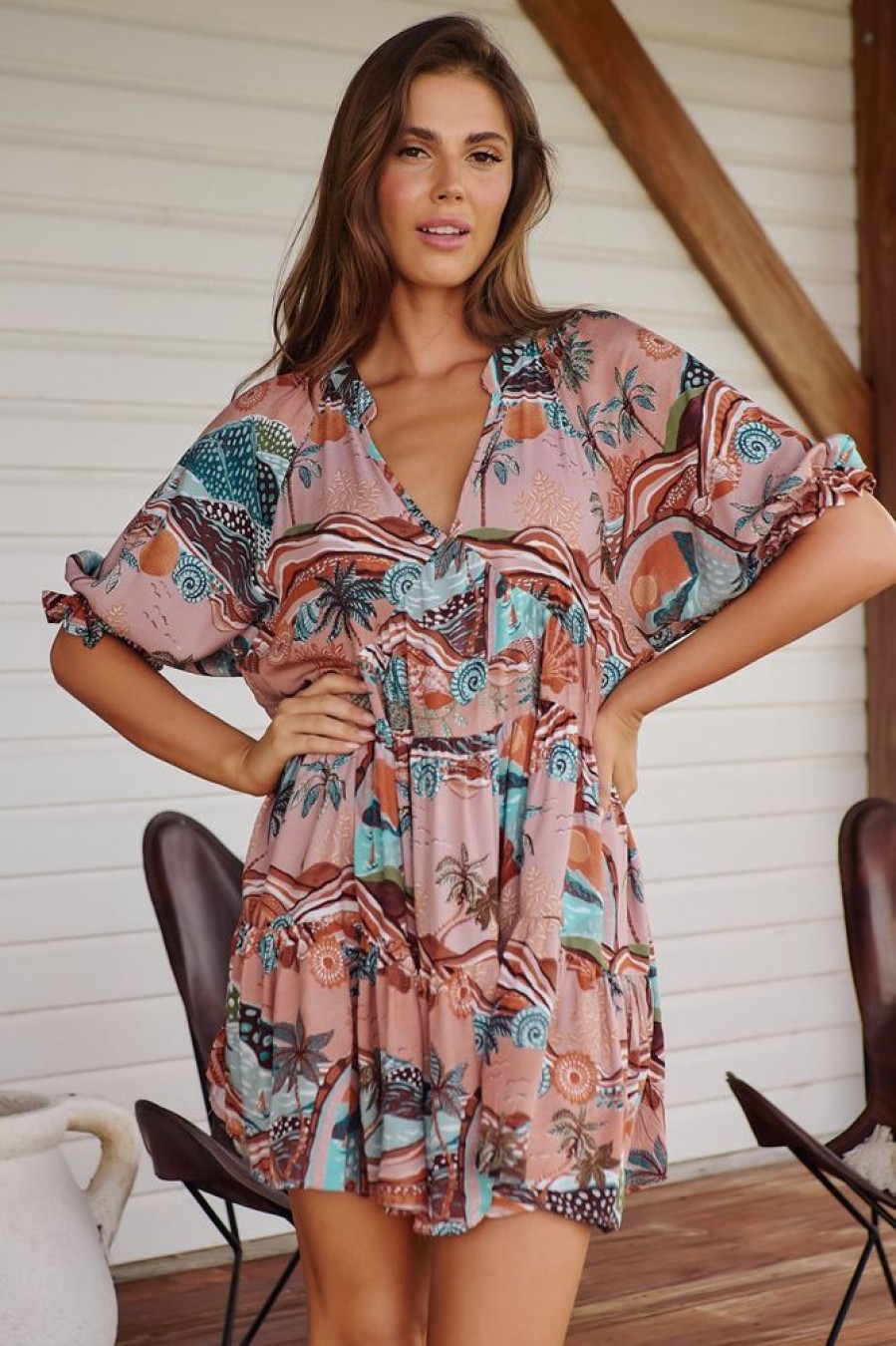 Jaase JAASE | Jaase - Petal Mini Dress: Tiered Smock Dress In Lakeside Serenity Print