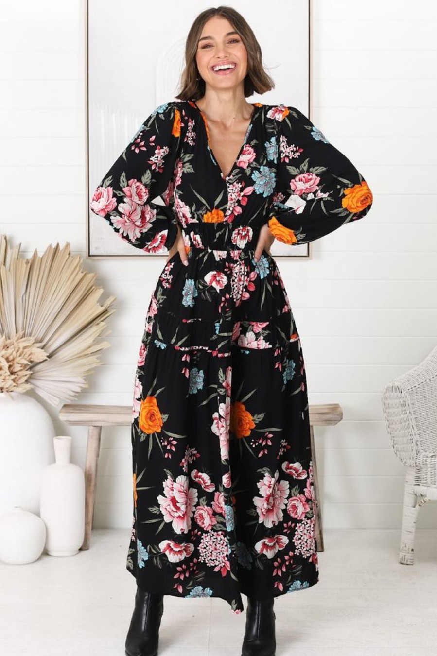 Dresses Salty Crush | Elza Maxi Dress - A Line Dress With Balloon Sleeves In Our Lena Print