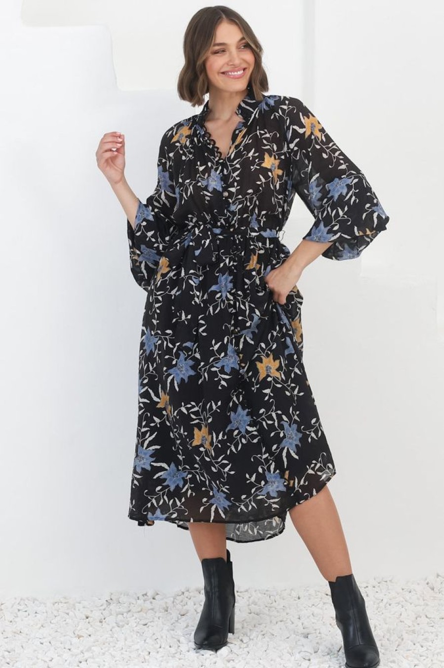 Dresses Salty Crush | Edda Midi Dress - Mandarin Collar Button Down Dress In Freda Print Black