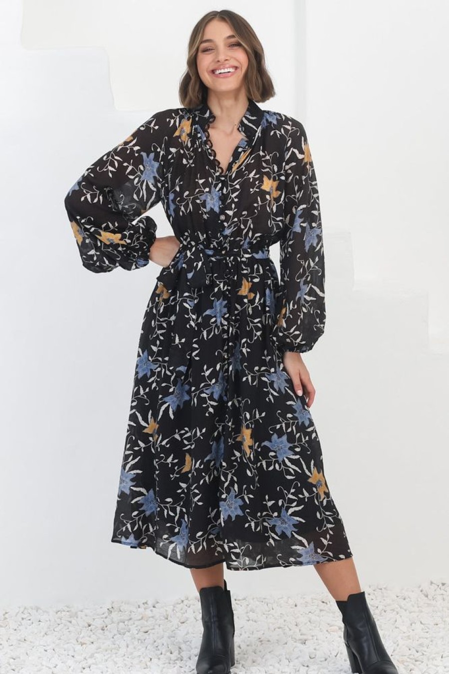 Dresses Salty Crush | Edda Midi Dress - Mandarin Collar Button Down Dress In Freda Print Black