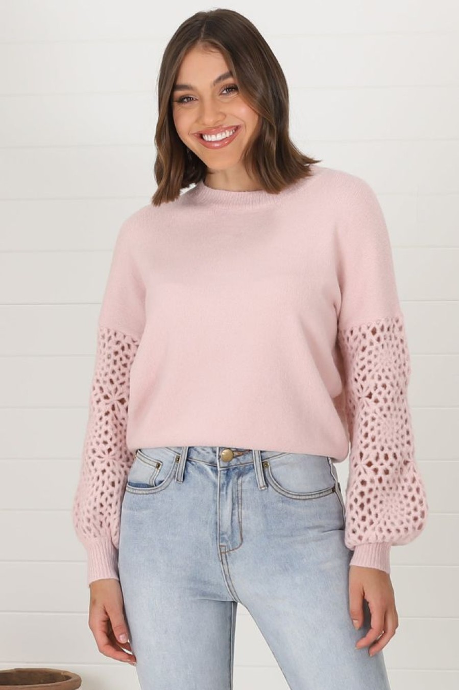 Jackets/Knitwear Salty Crush | Roland Jumper - Crew Neck Open Knit Sleeve Jumper In Pink