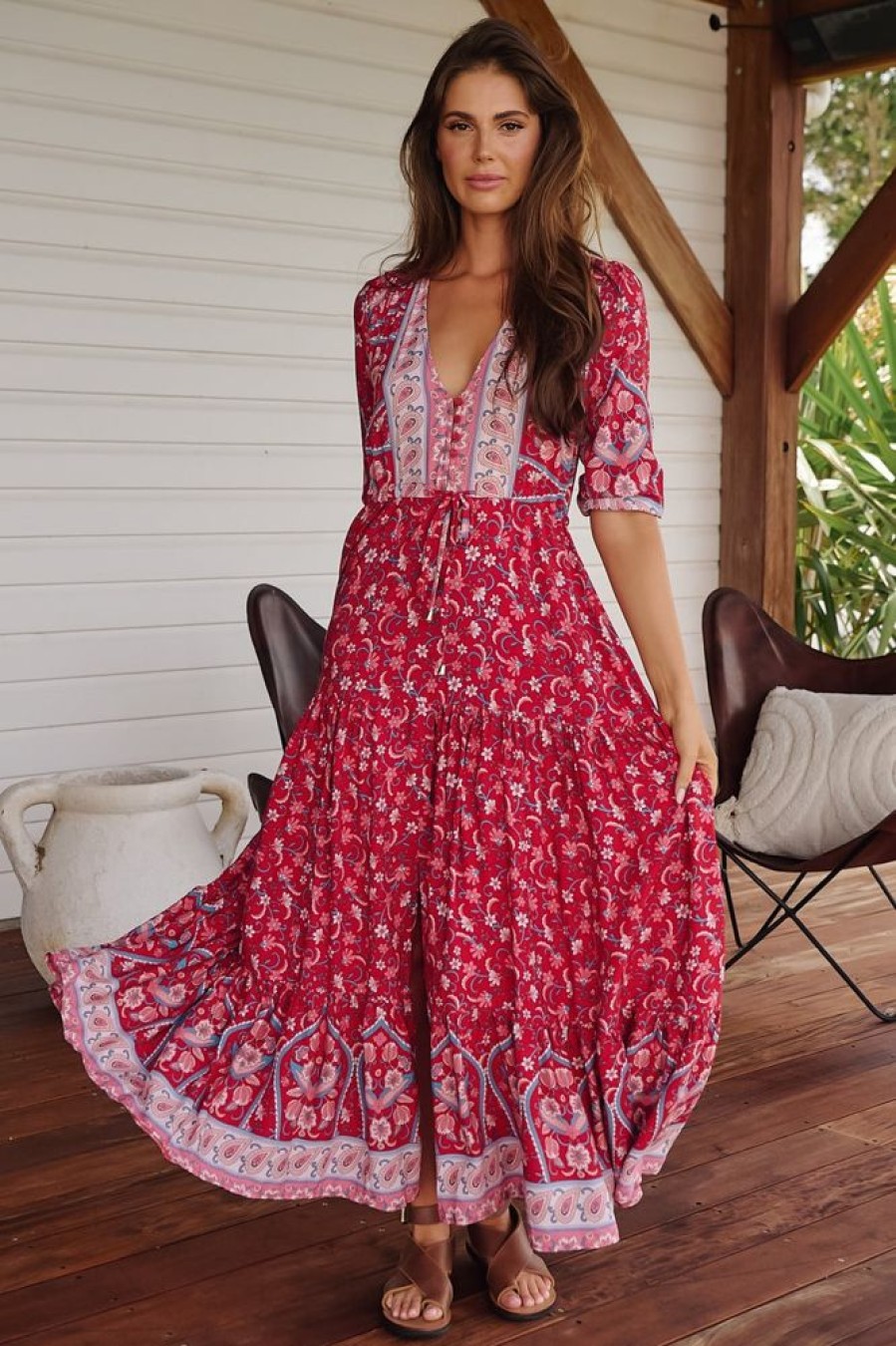 Dresses jaase | Jaase - Tessa Maxi Dress: A Line Pull Tie Waist Dress In Ruby Rouge Print