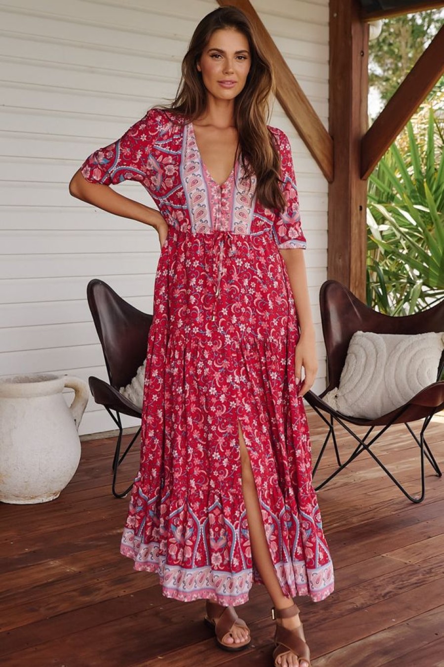 Dresses jaase | Jaase - Tessa Maxi Dress: A Line Pull Tie Waist Dress In Ruby Rouge Print