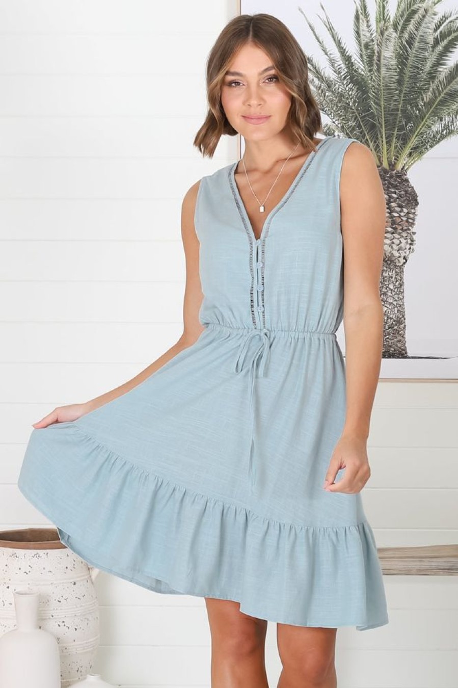 Dresses Salty Crush | Cia Linen Mini Dress - Sky Blue