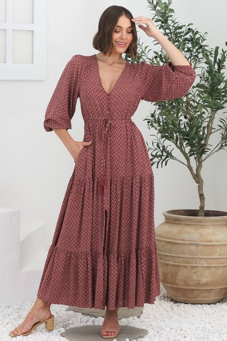 Dresses Salty Crush | Kass Maxi Dress - Buttoned Bodice Pull In Waist Dress In Hazel Print