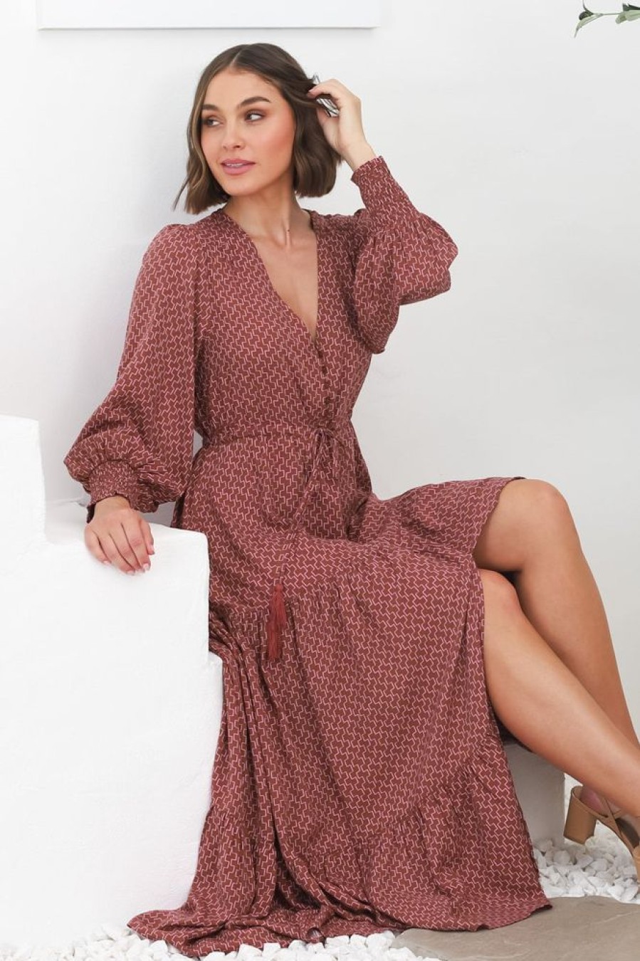 Dresses Salty Crush | Kass Maxi Dress - Buttoned Bodice Pull In Waist Dress In Hazel Print