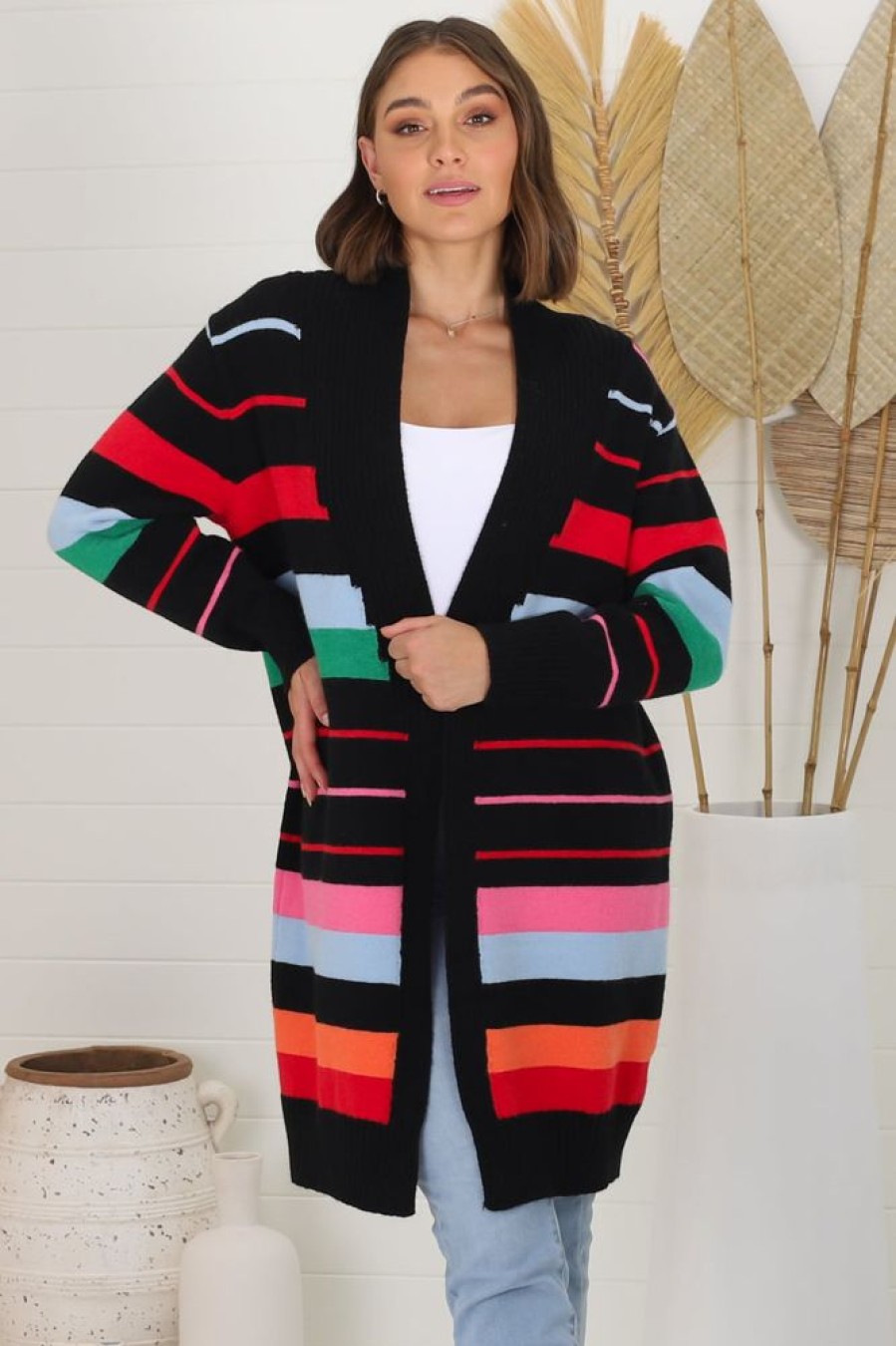 Jackets/Knitwear Salty Crush | Kodie Cardigan - Open Front Bold Rainbow Stripe Cardigan In Black