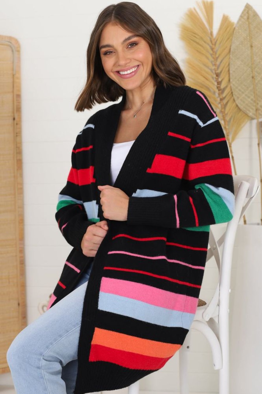 Jackets/Knitwear Salty Crush | Kodie Cardigan - Open Front Bold Rainbow Stripe Cardigan In Black
