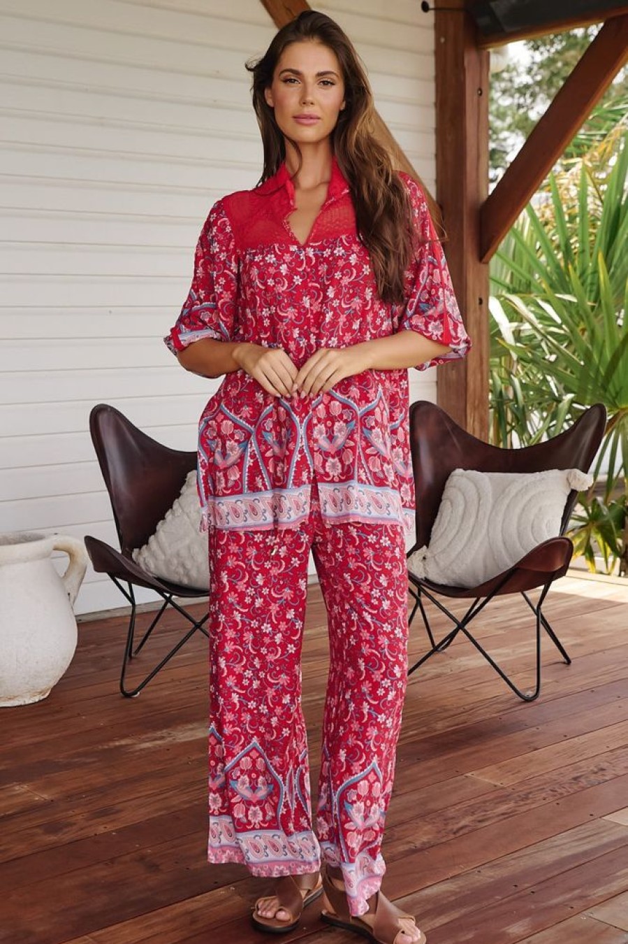 Bottoms jaase | Jaase - Cici Pants: Mid Rise Relaxed Wide Leg Pant In Ruby Rogue Print
