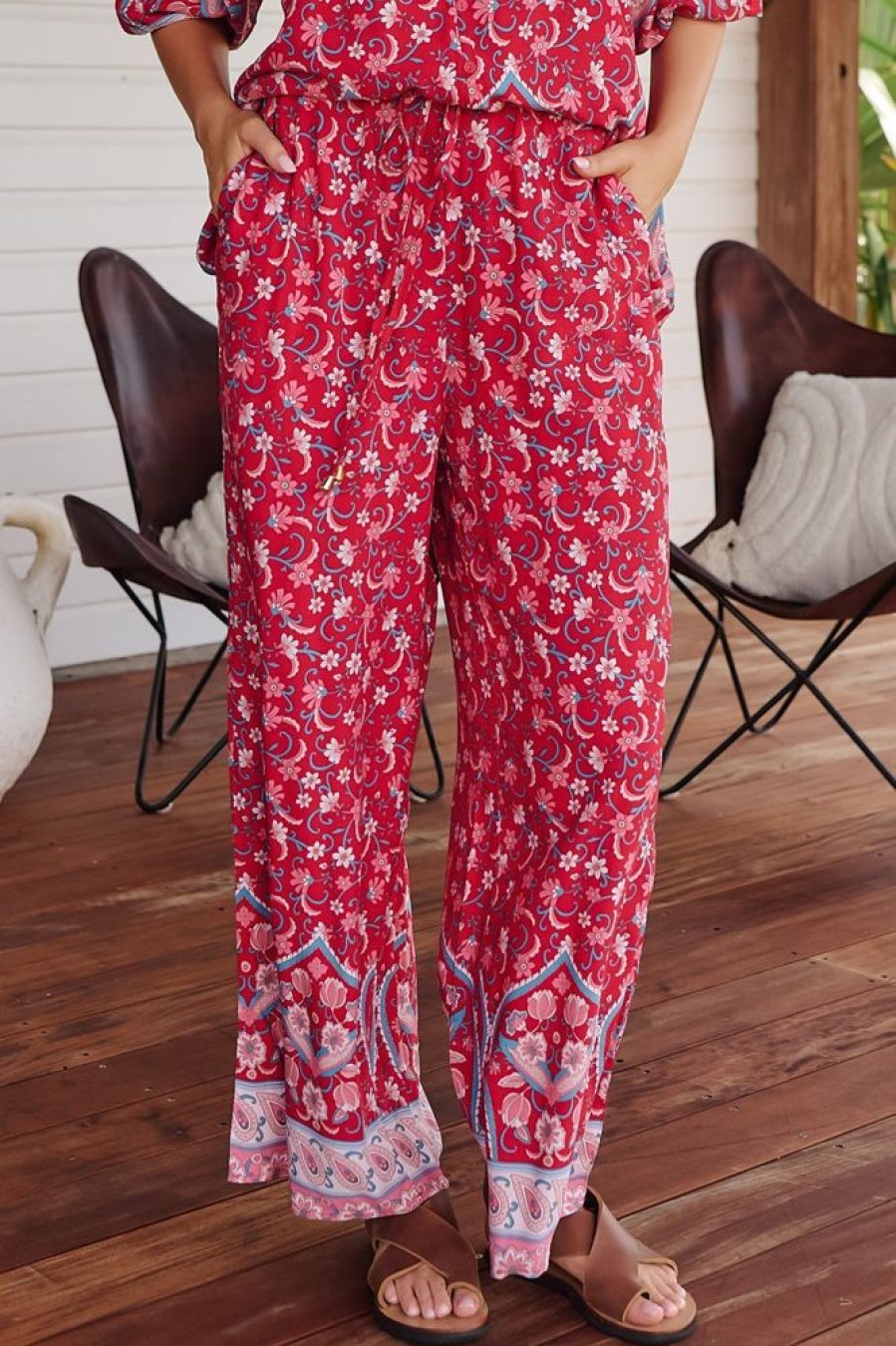 Bottoms jaase | Jaase - Cici Pants: Mid Rise Relaxed Wide Leg Pant In Ruby Rogue Print