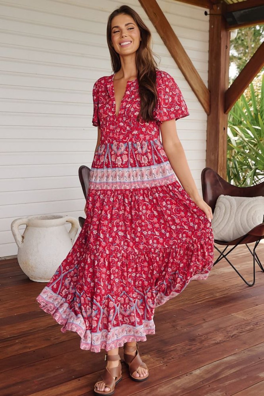 Dresses JAASE | Jaase - Olli Maxi Dress: V Neck Tiered Smock Dress With Short Sleeves In Ruby Rouge Print
