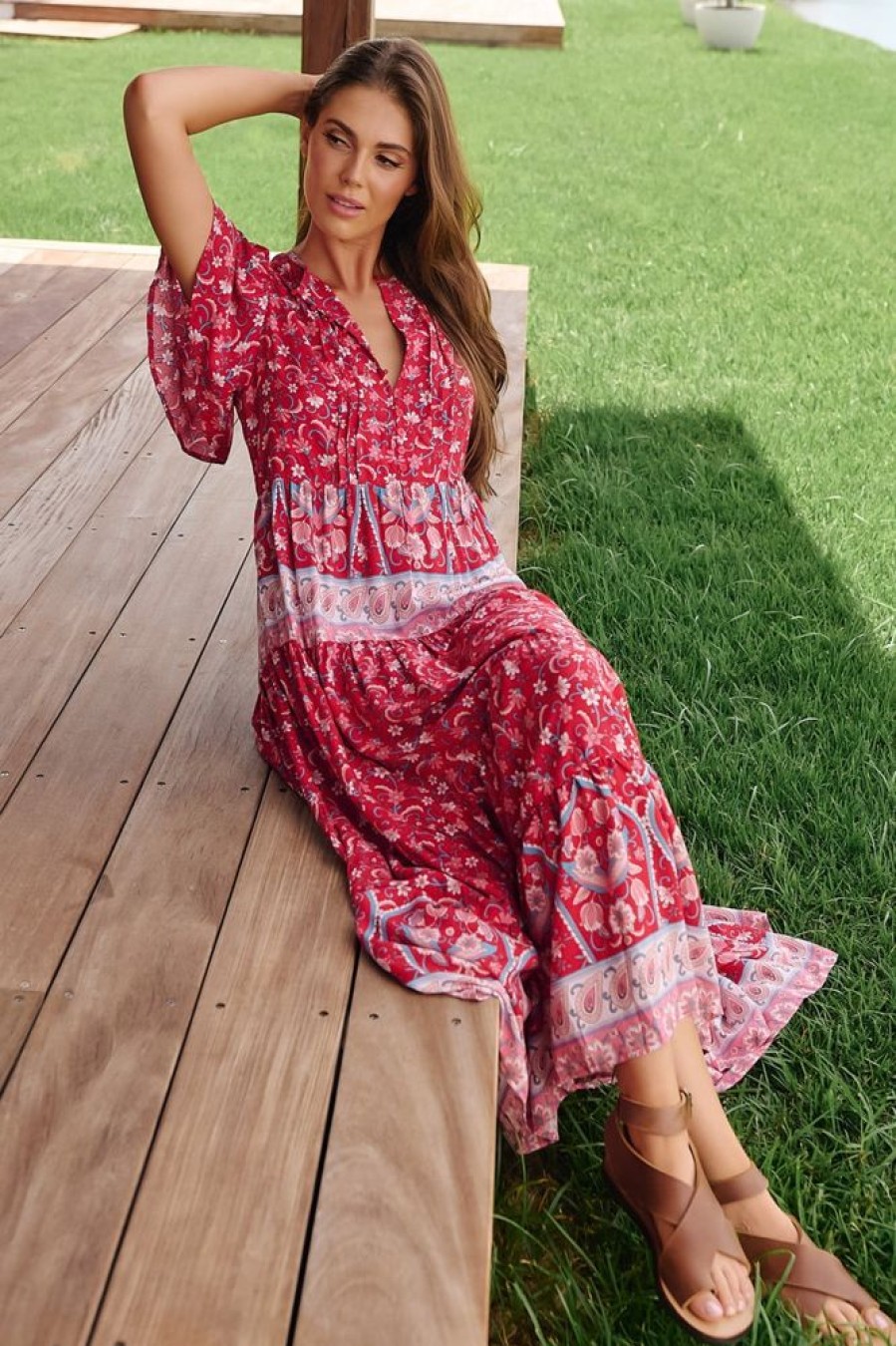 Dresses JAASE | Jaase - Olli Maxi Dress: V Neck Tiered Smock Dress With Short Sleeves In Ruby Rouge Print