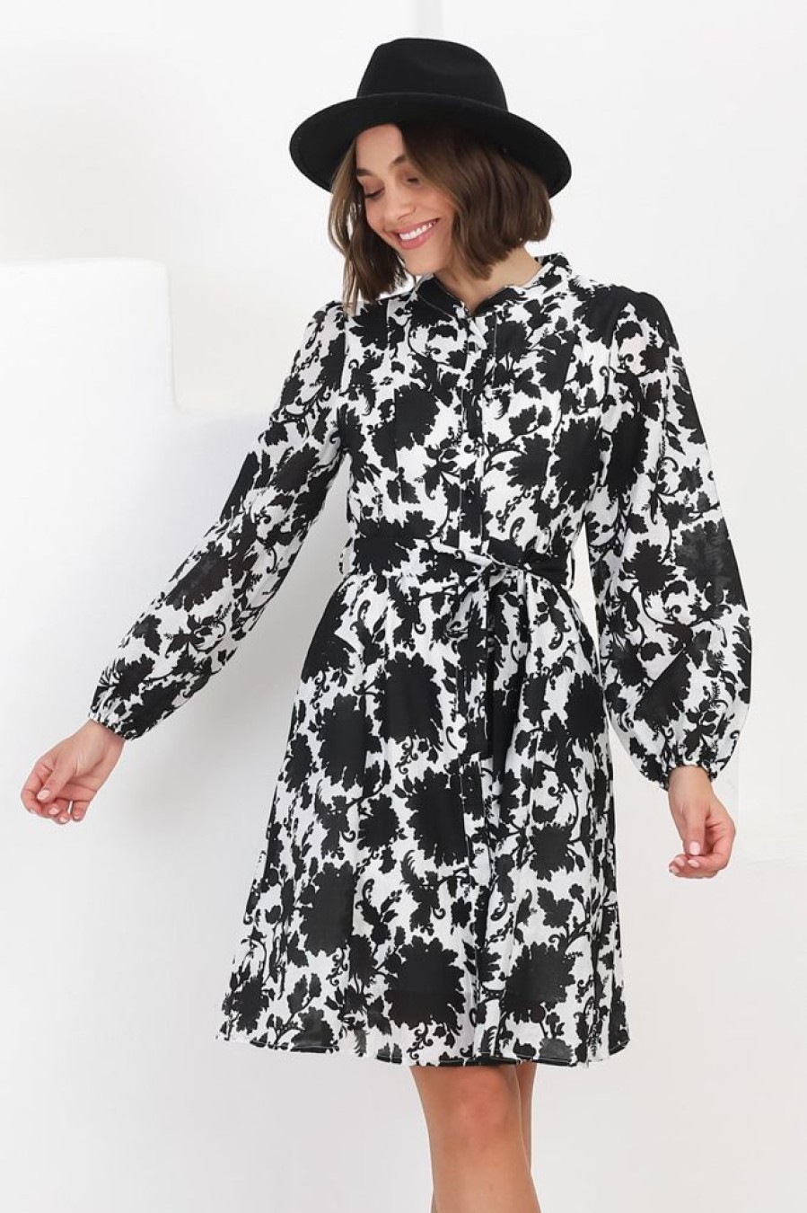 Dresses Salty Crush | Esther Mini Dress - High Mandarin Collar Buttoned Dress With Waist Tie In Demi Black