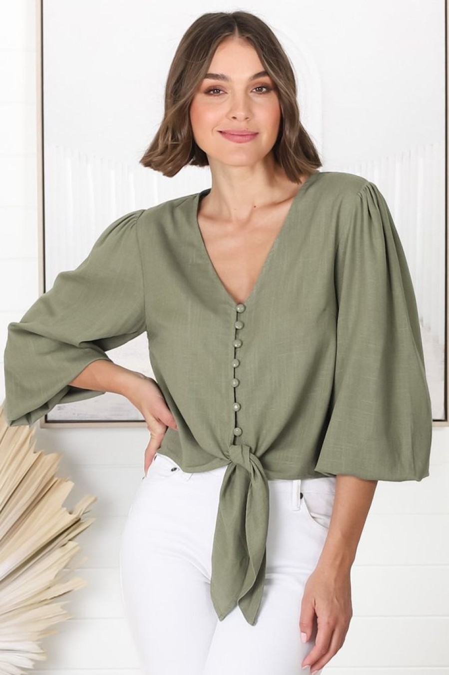 Tops Salty Crush | Amber Top - Button Down With Tie Detail Top In Green