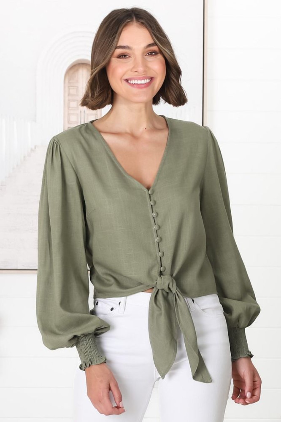 Tops Salty Crush | Amber Top - Button Down With Tie Detail Top In Green